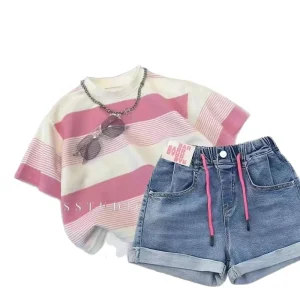 Girls’ Set Summer New pink Striped T shirt Top with Denim Shorts Two piece Set for Foreign Trade Children’s Clothing
