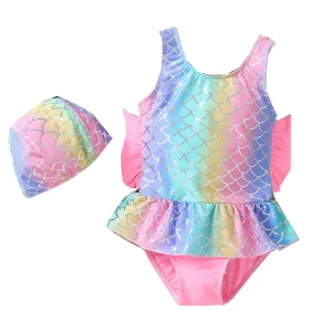 Girls Shimmer Rainbow Mermaid Scale One Piece Swimsuit with Ruffle Skirt and Matching Swim Cap for Beach and Pool Activities