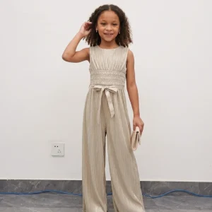 Girls Shiny Metallic Pleated Jumpsuit Sleeveless Smocked Waist Tie Belt Wide Leg Kids Party Romper