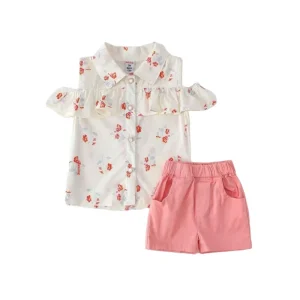 Girls’ Shirt Set Children’s Lapel Shirt + Shorts 2 Piece Set 1Y 6Y Girl’s Summer Cotton with Collar Label