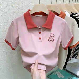 Girls Short Sleeve Cotton Polo Shirt Summer Thin Stylish Turn down Collar Moisture wicking Solid Color Leisure