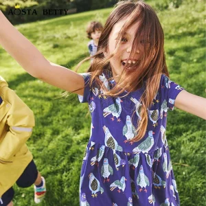 Girls Short Sleeve Round Neck Princess Dress Cartoon Printed Knitted Cotton Summer Children’s Dress