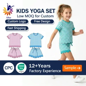 Girls Short Sleeve and Drawstring Shorts Scalloped Set Plaid Yoga Design Custom Logo for Outdoor Sports