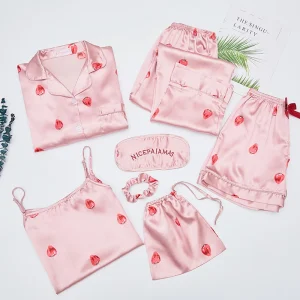 Girls Short Two Piece Solid Blush Silk Satin Pajamas Make up Sleepwear for Home Party