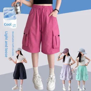 Girls Shorts Summer Thin Cropped Pants Polyester (Terylene) High Waist Elastic Waistband Older Girls Childrens Girl