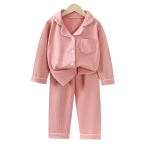 Girls Sleepwear Autumn Winter Velvet Solid Color Pajamas for Girls New Front Open Long Sleeve Two Piece Set with Lapel Homewear