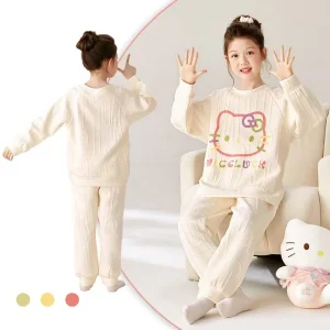 Girls’ Sleepwear Long sleeved Autumn winter Air cotton Layered Thick and Warm Children’s Set for Medium large Size
