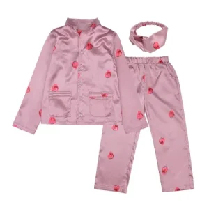 Girls Sleepwear Silk Skin Friendly Strawberry Pajama Long Sleeves Matching Top and Pants Baby Girls Pjs Clothes Kids Sleepwear