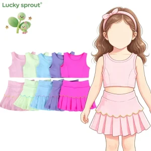 Girls Sleeveless Crop Top and Scallop Tennis Skirt Set 2 Piece Kids Summer Casual Daily Play and Outdoor Wear Girls’ Yoga Set