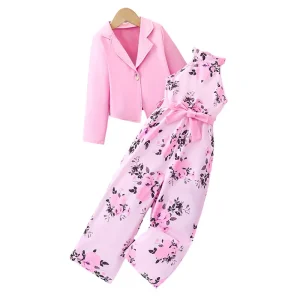 Girls Sleeveless Floral Halter Jumpsuit Two Piece Suit