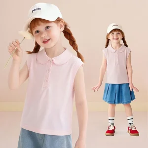Girls Sleeveless Peter Pan Collar Polo Shirt Kids Solid Cotton T Shirt Top for Summer Casual Wear