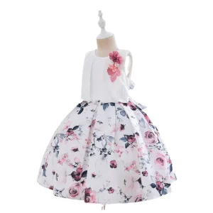 Girls Sleeveless Printed Dress Party Pleated Dress Flowers Performing Princess Dress