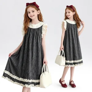 Girls Sleeveless Ruffle Trim Midi Dress Contrast Color Round Neck Loose Casual Kids Summer Princess Dress