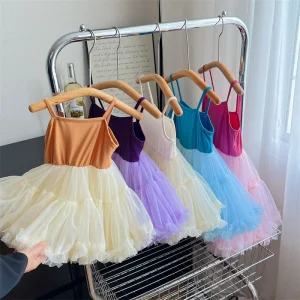 Girls Sleeveless Solid Color Tulle Puffy Dress Ballet Performance Dance Birthday Party Princess Dress