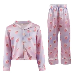 Girls Soft Pink Heart Pattern Summer Knitted Loungewear Pajama Set Breathable Turn Down Collar Sleepwear 3 8 Years