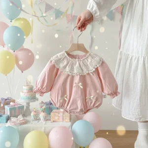 Girls Spring Autumn Baby Bowknot Romper Lace Trim Jumpsuit Full Moon First Birthday Princess Outing Crawling Suit Solid