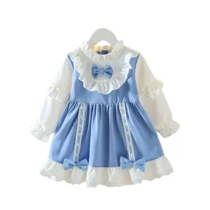 Girls Spring Autumn Blue White Lace Ruffle Dress with Bow Details Sweet Princess Style for Kids