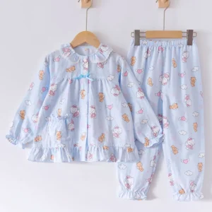 Girl’s Spring Autumn Pure Cotton Homewear Cartoon Children’s Pajamas Long Sleeve Double Layer Breathable Sleepwear Sets