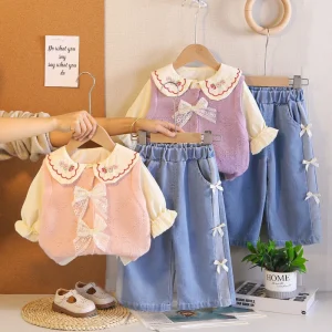 Girls’ Spring Cartoon Leisure Cotton Three Piece Outfit Set with Sweater Vest and Long Sleeve Top for Children Children’s Suit