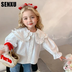 Girls’ Spring Casual Blouse with Turn Down Collar Anti Shrink & Anti Pilling Features Solid Pattern