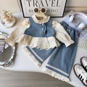Girls’ Spring and Autumn Long Sleeved Shirt and Sleeveless Denim Vest Pant Suit Clothing Sets