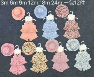 Girls Strap Shorts Set Sunshade Hat Baby 3-Piece Set Children’s Set