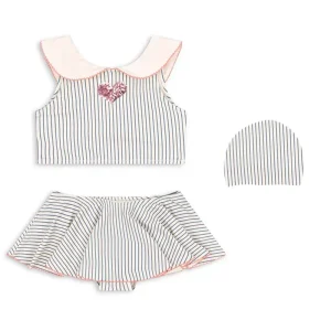 Girls Striped 3 Piece Swimsuit Set With Peter Pan Collar Sequin Heart Skirted Bottom and Matching Swim Cap