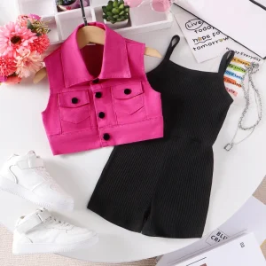 Girls Suit Children Solid Color Suspender Jumpsuit With Sleeveless Vest Coat