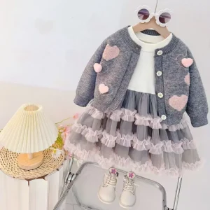 Girls Suit New Children’s Casual Solid Cardigan Sweater Breathable Long Sleeve Baby Girl’s Spring and Autumn Dress Sweet
