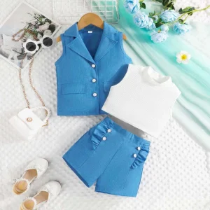Girls Suits Casual Clothes Children’s Solid Color Small Suit Tops and Shorts Three piece Set for Girls