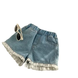 Girls Summer Breathable Soft Denim Shorts and Dress Trousers Children’s Outer Wear Plus Size with Lace Detail