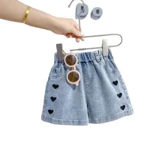 Girls’ Summer Breathable Soft Denim Shorts and Dress Trousers Children’s Outside Wear Plus Size with Lace Detail
