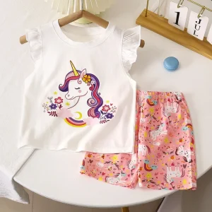 Girls Summer Cartoon Short Sleeve Shorts Set Girls Sleeveless Top Fashion Korean Two Piece Set