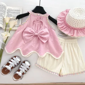 Girl’s Summer Casual Clothing Set Fashion Kids Cotton Apparel with Solid Pattern