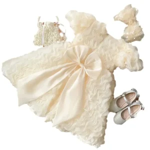Girls Summer Casual Dress New Style Children’s Little Girl Crocheted Puff Sleeve Mesh Princess Skirt Babies