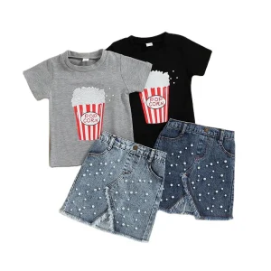 Girls’ Summer Clothes Children’s Fashionable Style Short Sleeved T-Shirt + Slim Fitting Denim Bag Arm Skirt Two-Piece Set