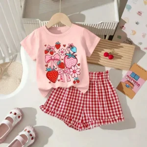 Girls Summer Clothing Cotton Korean Style 2-Piece Set Fashion Cartoon Print Top with Shorts Outfit Multiple Colors