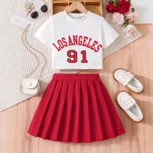 Girls Summer Clothing Cotton Pleated Skirt Set Fashion Short Sleeve 2 Piece Outfit for Kids