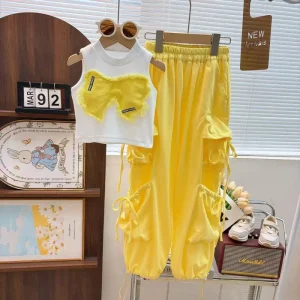 Girls Summer Cotton+Poly Casual Two Piece Suit with Vest and Trouser Breathable Boutique Design