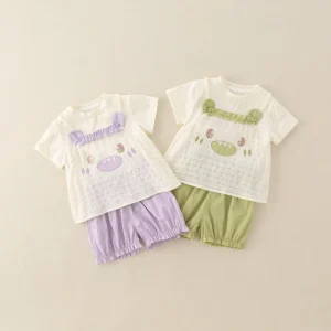 Girls’ Summer Cute Cartoon Two-piece Cotton Set New Children’s Sweet Short-sleeved Outerwear Shorts