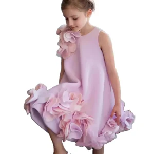 Girls Summer Floral A Line Dress with 3D Satin Flower Design and Knee Length O Neck 2 13Y