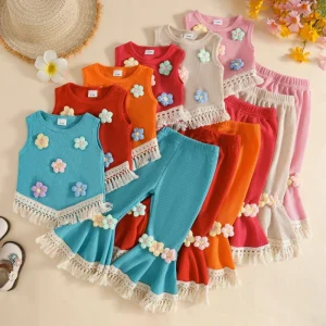 Girls Summer Knitted Waffle Crochet 3D Flower Vest Tassel Vest Flared Pants Set Sleeveless