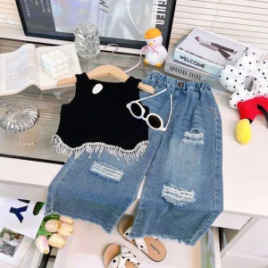 Girls Summer Korean Style Chic Set Tassel Vest Top Plus Ripped Denim Pants Children Two Piece Set