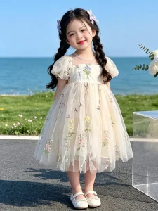 Girls’ Summer Mesh Princess Dress Floral Embroidery Puff sleeved Polyester A Line for Little and Big Kids
