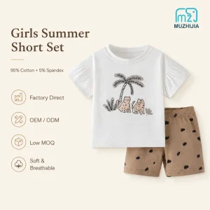 Girls Summer Outfit Set Toddler Cotton Short Sleeve T-Shirt Shorts Set Kids Cute Cartoon Print Casual Clothing 2Pcs Set OEM ODM