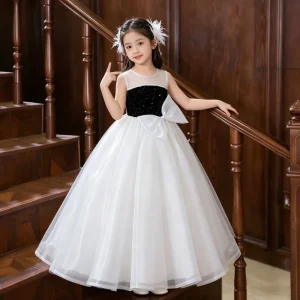 Girls Summer Princess Ball Gown Long Flower Dress Children Clothing Birthday Party Piano Recital Performance Costume Wedding Kid