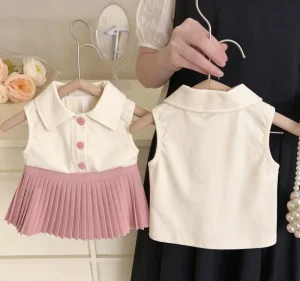 Girls’ Summer Set Girls’ Baby POLO T shirt with Stylish and Fashionable Pleated Skirt Casual Two piece Set