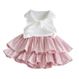 Girls Summer Set Korean Polo Knit Sleeveless Vest Pleated Cake Princess Solid 95% Cotton Skirt Two Piece Set