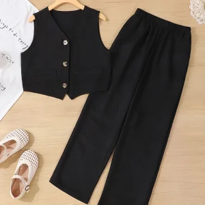 Girls’ Summer Set Sleeveless Cardigan Vest & Wide Leg Pants Two Piece Solid Color Casual Versatile Non Stretch Machine Washable