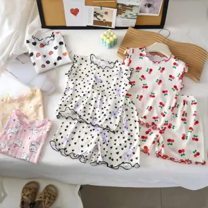 Girls Summer Short Sets Cotton Two Piece Sleepwear O Neck Openarmknitted Shorts 100% Cotton Home Pajamas for Kids
